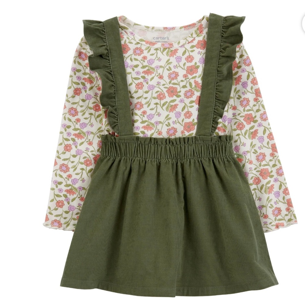 Carter's Child Of Mine Toddler Floral Long Sleeve Dress with Green Pinafore 2 Pc